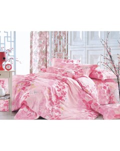 Комплект постельного белья Семейное двустороннее из сатина ярко розовое с листочками Вальтери