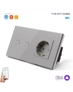 Розетка и умный WiFi выключатель двойной с Алисой стеклянный серый с таймером Terem techno