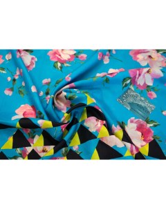 Ткань шелк голубой Цветы с геометрией 100х138 Unofabric