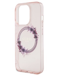 Чехол для iPhone 15 Pro с Magsafe Flowers Wreath Hard Pink Guess