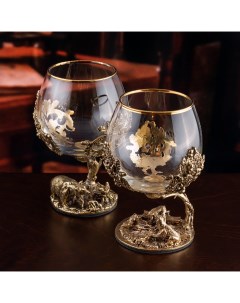 Набор 2 бокала для коньяка Медведица с медвежатами в деревянной шкатулке из массива Город подарков