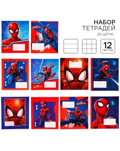Набор тетрадей 20 штук 12 листов в клетку и линейку обложка мелованный картон человек паук Marvel