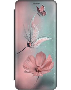 Чехол книжка на Xiaomi Poco X6 Pro 5G с рисунком Бабочка и цветы черный Gosso cases