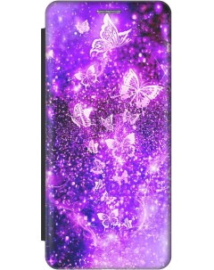 Чехол книжка на Xiaomi Poco X6 Pro 5G с рисунком Фиолетовые бабочки черный Gosso cases