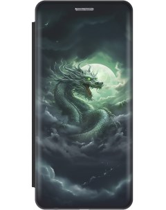 Чехол книжка на Xiaomi Poco X6 Pro 5G с рисунком Дракон на фоне луны и облаков черный Gosso cases