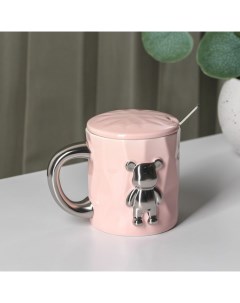 Кружка керамическая с ложкой Стильный мишка 320 мл цвет розовый Nobrand
