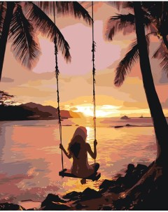 Картина по номерам Природа Девушка на качелях на берегу моря с пальмами 2 Цветное