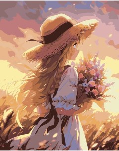 Картина по номерам Природа Девушка в шляпке с букетом полевых цветов Цветное