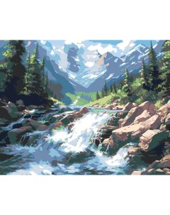 Картина по номерам Природа Пейзаж с ручьем возле леса в горах Цветное