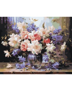 Картина по номерам Цветы Пышный букет с розами и васильками Цветное