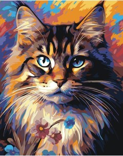 Картина по номерам Красочный кот с голубыми глазами и цветами Цветное