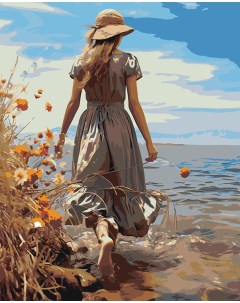 Картина по номерам Море Девушка в платье идет по воде Цветное