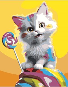 Картина по номерам Мультяшный котенок и леденец Цветное
