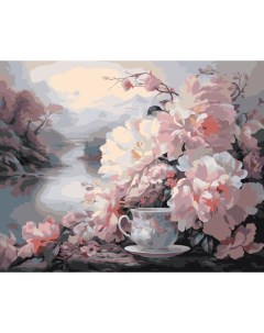 Картина по номерам Цветы Композиция с чашкой и пейзажем Цветное