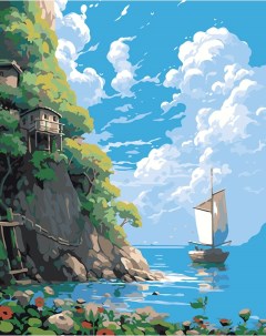 Картина по номерам Природа Пейзаж с лодкой на море и облачным небом 2 Цветное