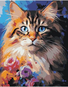 Картина по номерам Красочный кот с голубыми глазами и цветами 2 Цветное
