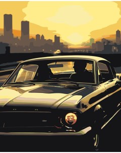 Картина по номерам Машины Додж на фоне закатного города Цветное