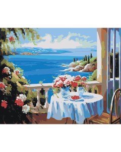 Картина по номерам Море Веранда с цветами и видом на залив Цветное
