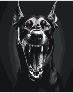 Картина по номерам Черная собака доберман с открытой пастью Цветное