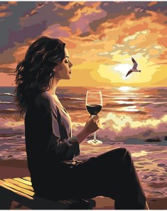 Картина по номерам Природа Девушка с бокалом на берегу моря на закате Цветное