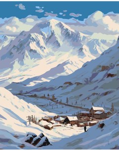 Картина по номерам Пейзаж зимняя деревня у горы Эльбрус Цветное