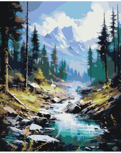 Картина по номерам Природа Пейзаж с лесным ручьем и видом на горы Цветное