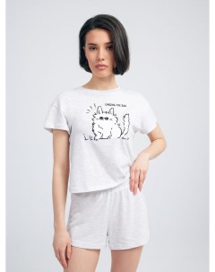 Пижама с принтом котика и шортами Твое