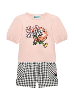 Комплект розовая футболка с принтом цветка шорты в клетку Kenzo