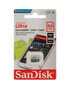Карта памяти microSDXC UHS I Ultra 64 ГБ 100 МБ с Class 10 SDSQUNR 064G GN3MN 1 шт без адаптера Sandisk