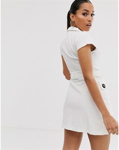 Белое вельветовое платье мини с поясом Prettylittlething petite