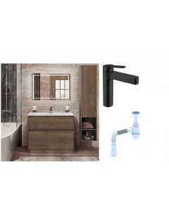 Комплект Мебель для ванной Kraft 100 Смеситель для раковины Delta DEL LVM NERO черный Сифон АниПласт Belbagno