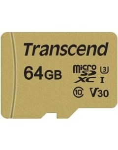 Карта памяти 64GB microSDXC Class 10 UHS I U3 V30 R95 W60MB s with adapter TS64GUSD500S Transcend