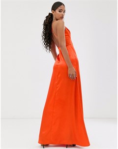 Оранжевое атласное платье макси с глубоким вырезом и разрезом до бедра Club l london tall