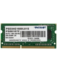 Оперативная память PSD34G1600L81S DDR3L - 1x 4ГБ 1600МГц, для ноутбуков (SO-DIMM), Ret Patriòt