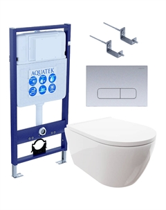 Комплект унитаза с инсталляцией Set Поларис-014 4в1 с сиденьем Микролифт и клавишей смыва Хром матовый Aquatek