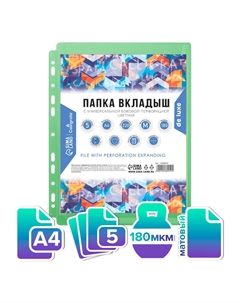 Файл-вкладыш а4,180 мкм, top, пвх, с расширением, матовый, вертикальный, 5 штук, зеленый Calligrata