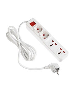 Удлинитель, 2 евро+2 унив.роз., 3 м, 2200 вт, 2х0.5 мм2, с выкл., белый Luazon lighting