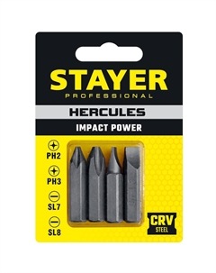 Биты для ударно-поворотной отвертки "PROFI" 25667-S4, Cr-V, 38мм, 4 предмета Stayer