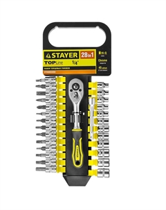Набор "STANDARD" 27754-H28, Торцовые головки, биты-головки (1/4") на пластик рельсе, трещотка, удл-тель, 4-13мм, 28 пр. Stayer