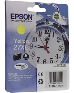 Картридж струйный Epson 27XL (C13T27144020), желтый, оригинальный, объем 10 мл, ресурс 1100 страниц для Epson