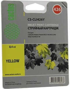 Картридж струйный Cactus CS-CLI426Y (CLI-426Y), желтый, совместимый, 8.4 мл, для Canon PIXMA-iP4840 / iP4940 / iX6540 / MG5140 / MG5240 / MG5340 / MG6140 / MG6240 / MG8140 / MG8240 / MX714 / MX884 / M