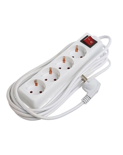 Удлинитель, 4 розетки, 5 м, 6 а, 1300 вт, 3×0.75 мм2, с заземлением, с выключателем, белый Luazon lighting