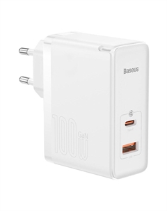 Сетевое зарядное устройство BASEUS GaN5 Pro Fast Charger C+U 100W CCGP090202 100 Вт, USB, EU, USB type-C, Quick Charge, белый (CCGP090202), кабель USB Type C 1м Baseus