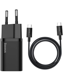 Сетевое зарядное устройство BASEUS Super Si Quick Charger 1C 25W TZCCSUP-L01 25 Вт, EU, USB type-C, Quick Charge, PD, черный (TZCCSUP-L01), кабель USB Type C Baseus