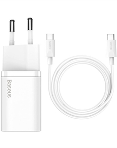 Сетевое зарядное устройство BASEUS Super Si Quick Charger 1C 25W TZCCSUP-L02 25 Вт, EU, USB type-C, Quick Charge, PD, белый (TZCCSUP-L02), кабель USB Type C Baseus