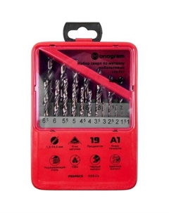 Набор сверл 105-727, по дереву/металлу/пластику, цилиндрический, 19шт Monogram