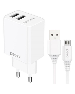 Сетевое зарядное устройство PERO ТС02, 2xUSB-A, microUSB, 10.5Вт, 2.1A, белый Péro