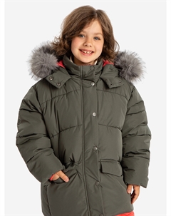 Куртка зимняя с капюшоном с мехом и принтом лапки хаки для девочки, Зеленый Button blue