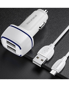 Автомобильное зарядное устройство Borofone BZ14, 2xUSB, 3А, 12 Вт, QC, кабель microUSB, белый