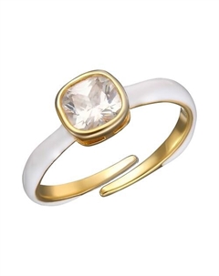 Золотистое безразмерное кольцо с прозрачным кристаллом и белой эмалью Uvi jewellery